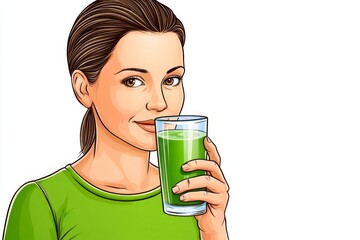 a 2D cartoon illustration of a person drinking a green smoothie, healthy and refreshing, white background