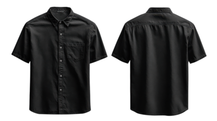Black short sleeve shirt with button closure and pocket detail, perfect for casual wear