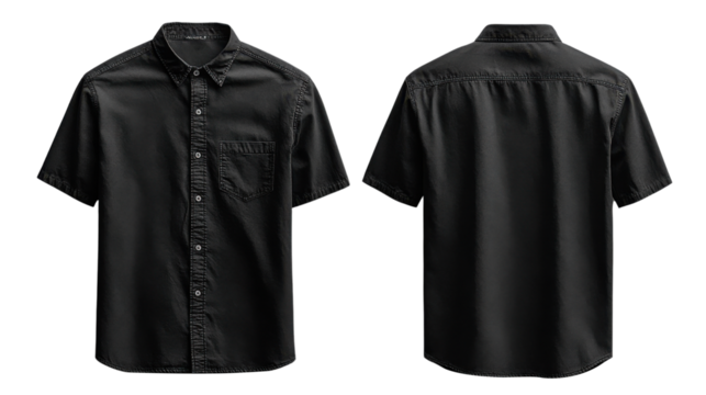 Black short sleeve shirt with button closure and pocket detail, perfect for casual wear