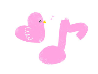 かわいいハートの鳥と音符のイラスト