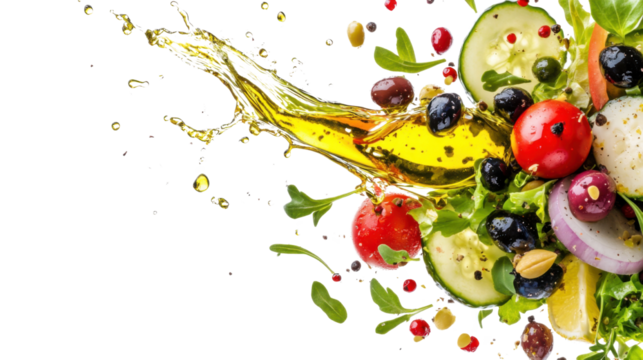 fresh salad ingredients splashing isolated on transparent background