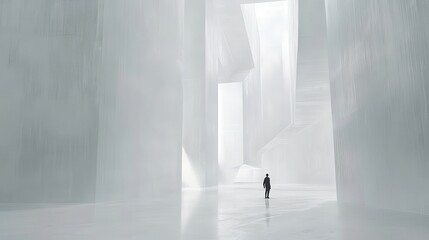 A man, lost in a labyrinth of white, his silhouette a stark contrast against the ethereal landscape, his journey a surreal odyssey through a world devoid of color and form.