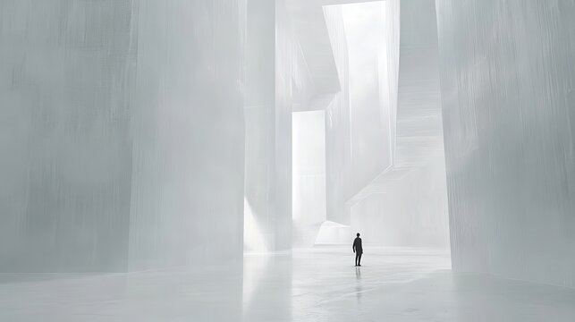 A man, lost in a labyrinth of white, his silhouette a stark contrast against the ethereal landscape, his journey a surreal odyssey through a world devoid of color and form.
