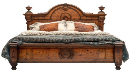 Antique Wooden Bed: A stunning antique wooden bed with intricate carvings and a rich, warm finish. The luxurious bedding enhances the elegant design of the furniture.