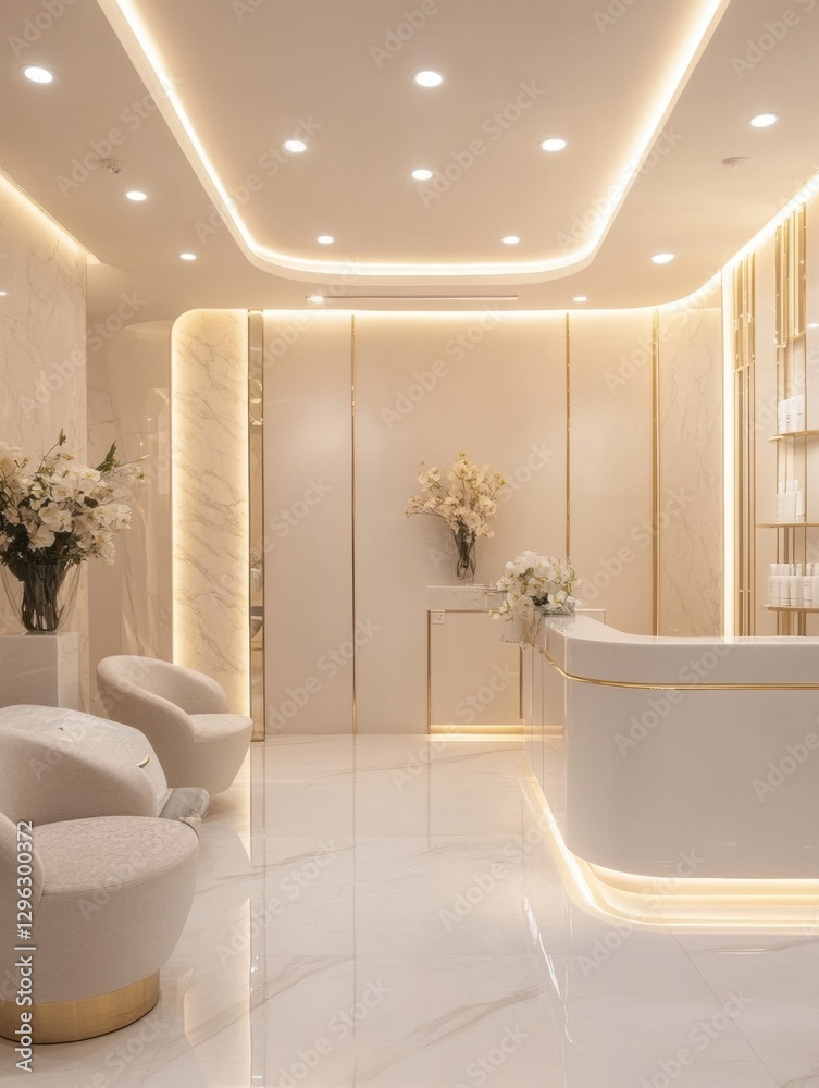 Poster elegant interior design of a modern spa reception area with soft lighting and floral arrangements. g