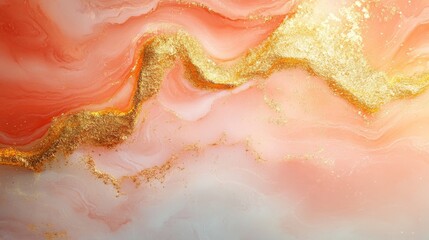 Fototapeta premium Abstract fluid art featuring coral and gold colors details