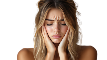 Captured Distress: A captivating portrait of a woman whose expression reflects emotional strain or worry, fingers gently touching her cheeks.