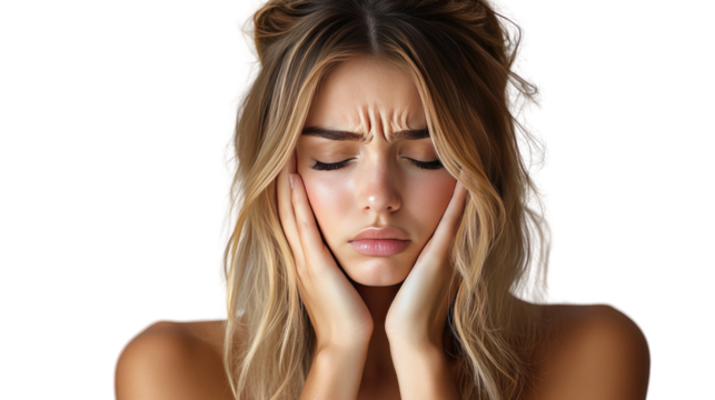 Captured Distress: A captivating portrait of a woman whose expression reflects emotional strain or worry, fingers gently touching her cheeks.