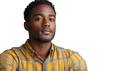 Confident Gaze: Portrait of a young, African American man with a thoughtful and self-assured expression, wearing a yellow plaid shirt.