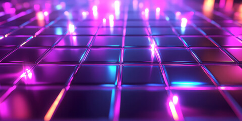A high-tech abstract background featuring floating holographic panels casting iridescent neon reflections across a seamless cybernetic grid. The interplay of smooth transparency and glowing motion
