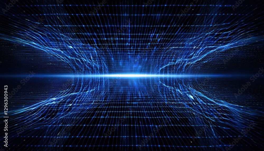 Poster futuristic blue digital grid horizon with glowing light burst, abstract cyberspace background for te