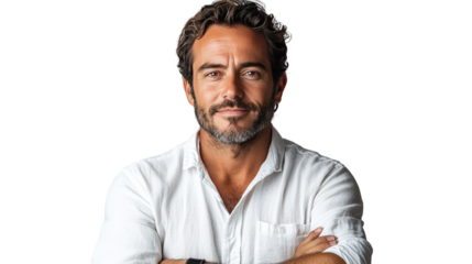 Confident Man Portrait: A poised and confident man with a friendly gaze and a slight smile, his arms crossed, radiating a blend of approachability and assurance.