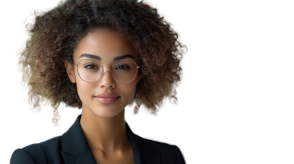 Modern Confidence: A beautiful businesswoman with curly hair, adorned with glasses, radiates confidence, showcasing her professionalism and charm in this striking portrait.