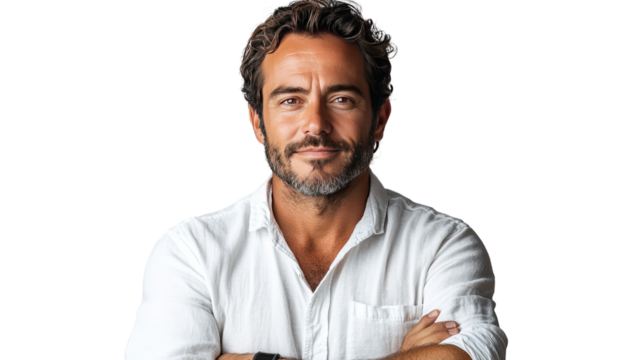 Confident Man Portrait: A poised and confident man with a friendly gaze and a slight smile, his arms crossed, radiating a blend of approachability and assurance.
