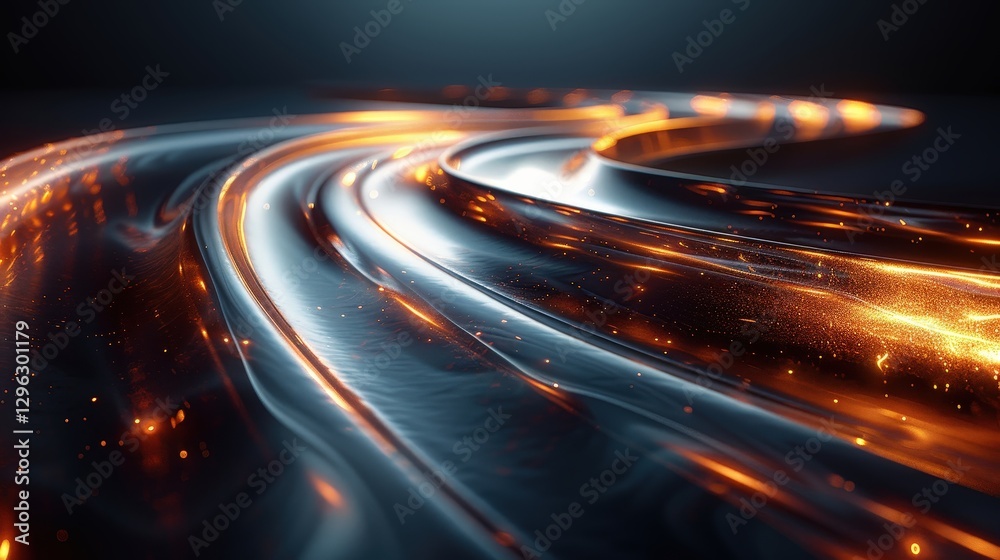 Wall mural wavy neon light reflections with dynamic motion and glowing particles in a dark ambient background