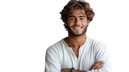 Youthful Confidence: A handsome young man with tousled hair, and a warm, genuine smile, radiates self-assurance as he looks directly at the viewer. His arms are gently crossed.