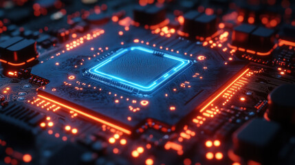 Obraz premium Close-up of a glowing blue CPU on a circuit board with orange lights