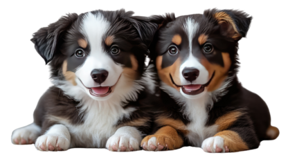 Adorable Duo of Puppies: Two charming puppies, one with a striking black and white coat and the other a warm brown and white, lie side-by-side.