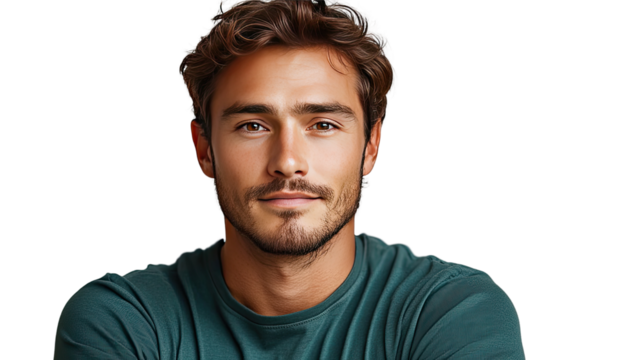 Confident Portrait of a Young Man: A captivating close-up of a young man with a charismatic gaze, exuding confidence and a subtle hint of a smile, wearing a casual green top, in a clean setting.