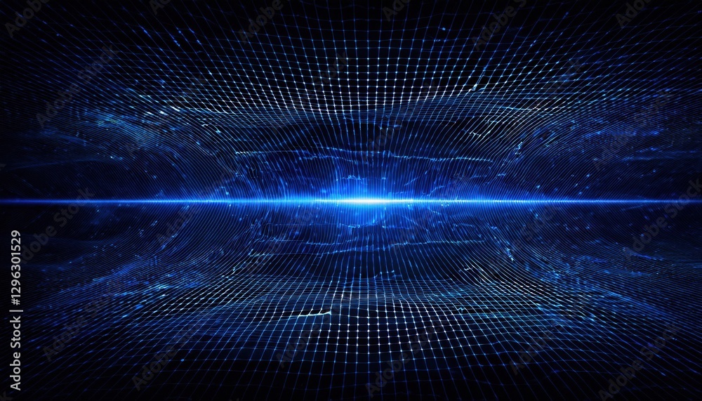 Aufkleber futuristic blue digital grid horizon with glowing light burst, abstract cyberspace background for te