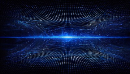 futuristic blue digital grid horizon with glowing light burst, abstract cyberspace background for technology and sci-fi design