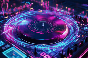 Obraz premium A cyberpunk-inspired 3D music background showcasing a DJ turntable surrounded by pulsating neon energy rings. The spinning vinyl emits glowing sound waves that ripple outward, forming intricate