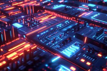 A high-tech 3D music background with an array of glowing, holographic sound mixers floating in a cybernetic void. The pulsing neon lights create an abstract representation of futuristic music
