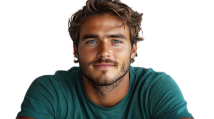 Confident Male Portrait: Captivating portrait of a handsome man with piercing blue eyes, a warm smile, and tousled brown hair, evoking a sense of approachability and self-assurance.