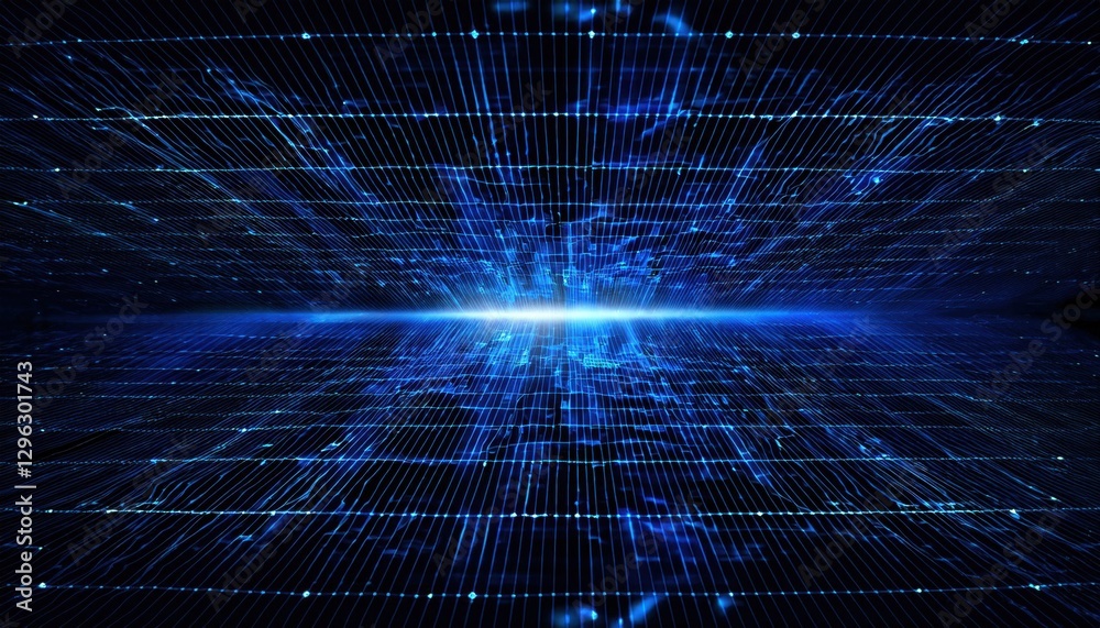 Poster futuristic blue digital grid horizon with glowing light burst, abstract cyberspace background for te