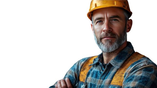Confident Builder: A portrait of a builder with a yellow hard hat and a plaid shirt, radiating experience and reliability, represents the backbone of construction.