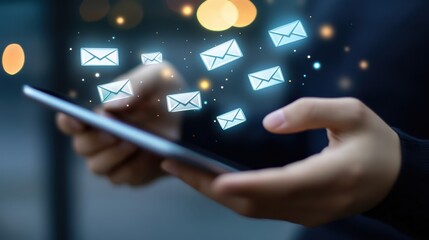 Compose a smart SMS message on your tablet, a digital icon that unveils an email, ready for your business communication, contact newsletter, or marketing campaign. Share your message on the web and