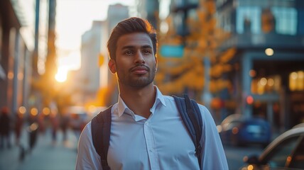 young South Asian professional walking down a busy urban street