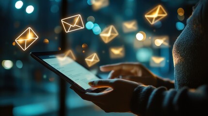 Compose a smart SMS message on your tablet, a digital icon that unveils an email, ready for your business communication, contact newsletter, or marketing campaign. Share your message on the web and