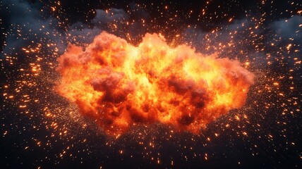 3D render of a vibrant fireball explosion with sparks on a black background