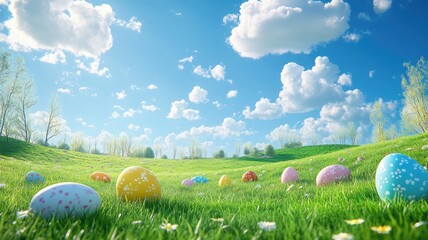 Colorful Easter Egg Hunt on Green Meadow with Bunny-Shaped Clouds, High-Resolution, Bright Blue Sky, Whimsical Spring Scene