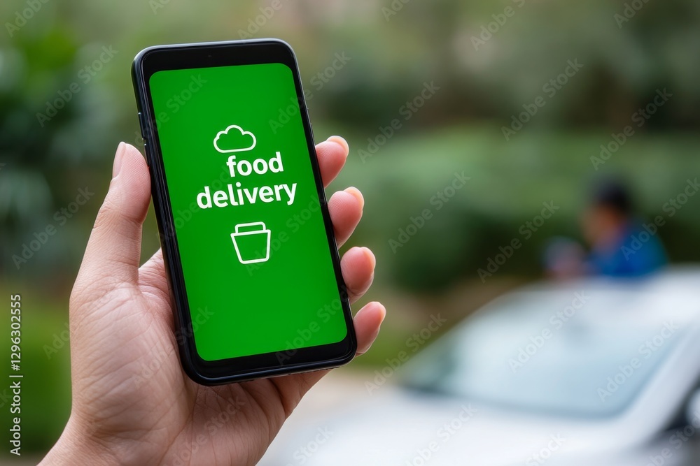 Poster Close-up of a hand holding a mobile phone with a tracking app on the screen displaying a 