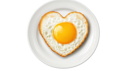 fried egg heart shaped in white plate isolated on transparent background