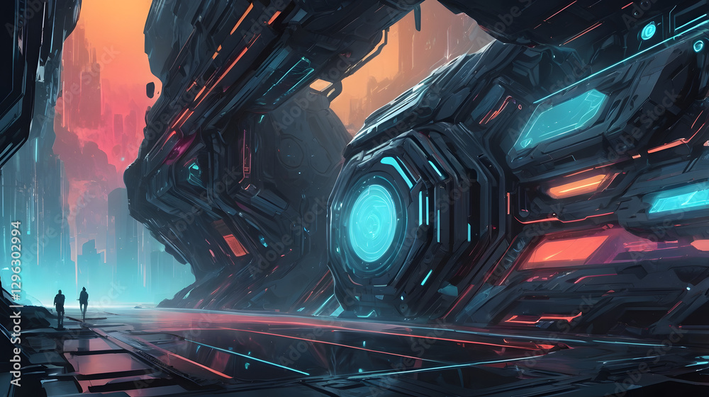 Poster Abstract technology background featuring red and blue fractals with space for text, showcasing industrial themes and machine elements