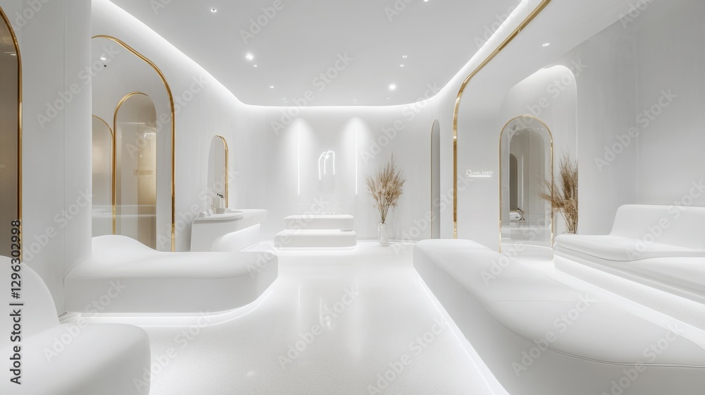 Poster stylish modern interior design of a minimalist spa with white walls and elegant arches in a serene a