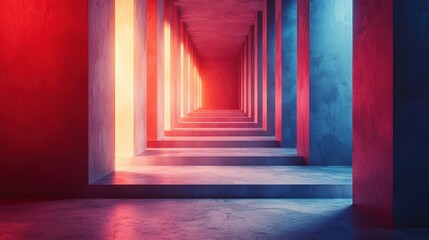 Fototapeta premium Futuristic corridor with vibrant red and blue lighting creating a stunning visual depth and abstract architectural design