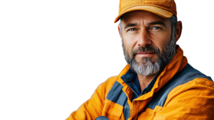 Portrait of a Skilled Professional: A close-up shot captures the focused gaze of an experienced construction worker, wearing a distinctive work uniform and cap