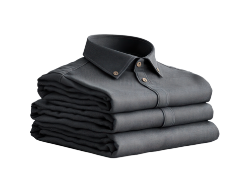 Folded shirts in dark color with collar, showcasing neatness and style