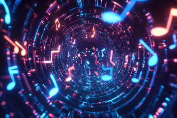 Fototapeta premium A dynamic 3D music background featuring floating, glowing music notes arranged in an infinite spiral. Pulsating neon energy flows through the luminous symbols, creating an abstract, futuristic
