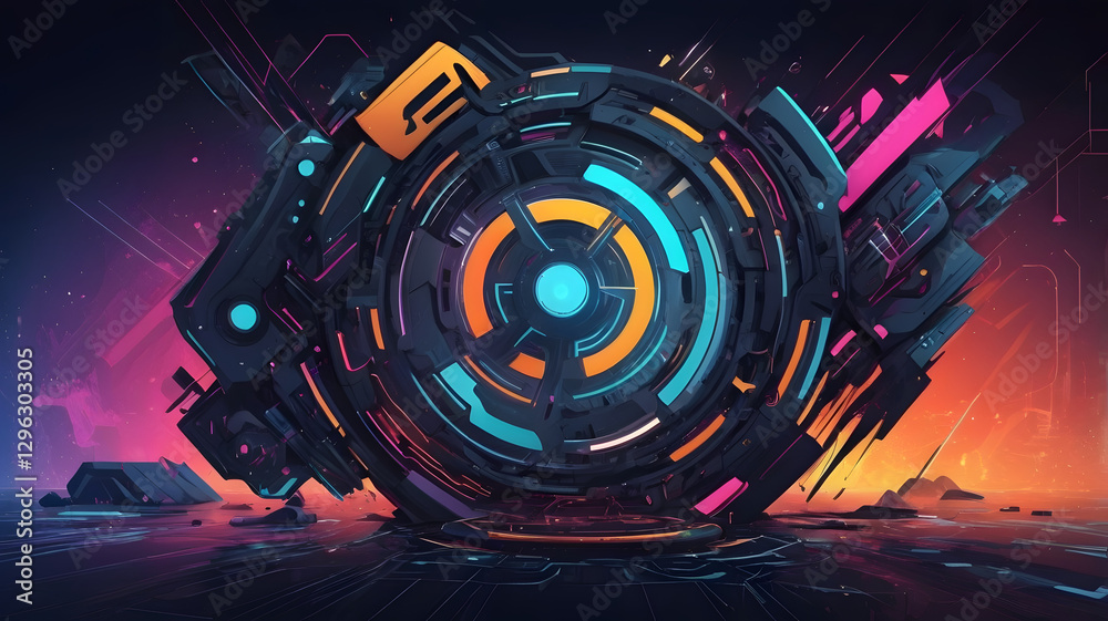 Poster abstract digital technology background with glowing lines and circuit elements in blue tones