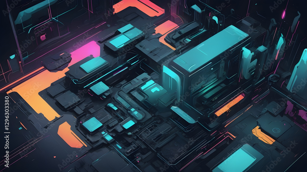 Poster abstract digital technology background with glowing lines and circuit elements in blue tones
