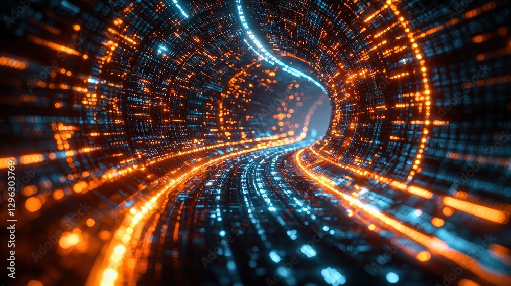 Wall mural futuristic digital tunnel with bright glowing particles in blue and orange colors creating a dynamic