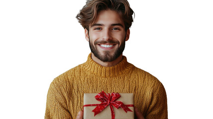 Joyful Gift Bearer: A handsome man radiates warmth and excitement as he presents a beautifully wrapped gift, conveying anticipation and the spirit of giving.