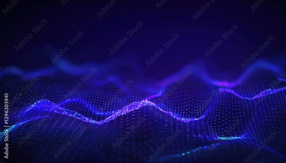 Aufkleber futuristic digital wave with glowing blue nodes on a dark background, abstract cyber landscape for t
