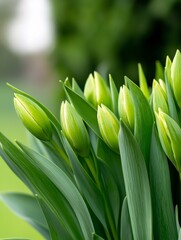 Obraz premium Fresh Green Tulip Buds Ready to Bloom, Springtime Garden Growth, Floral Close Up