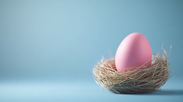  Colorful Easter egg nest with vibrant pastel eggs and decorative elements on a bright blue background, perfect for spring holiday celebration and festive seasonal decor themes.